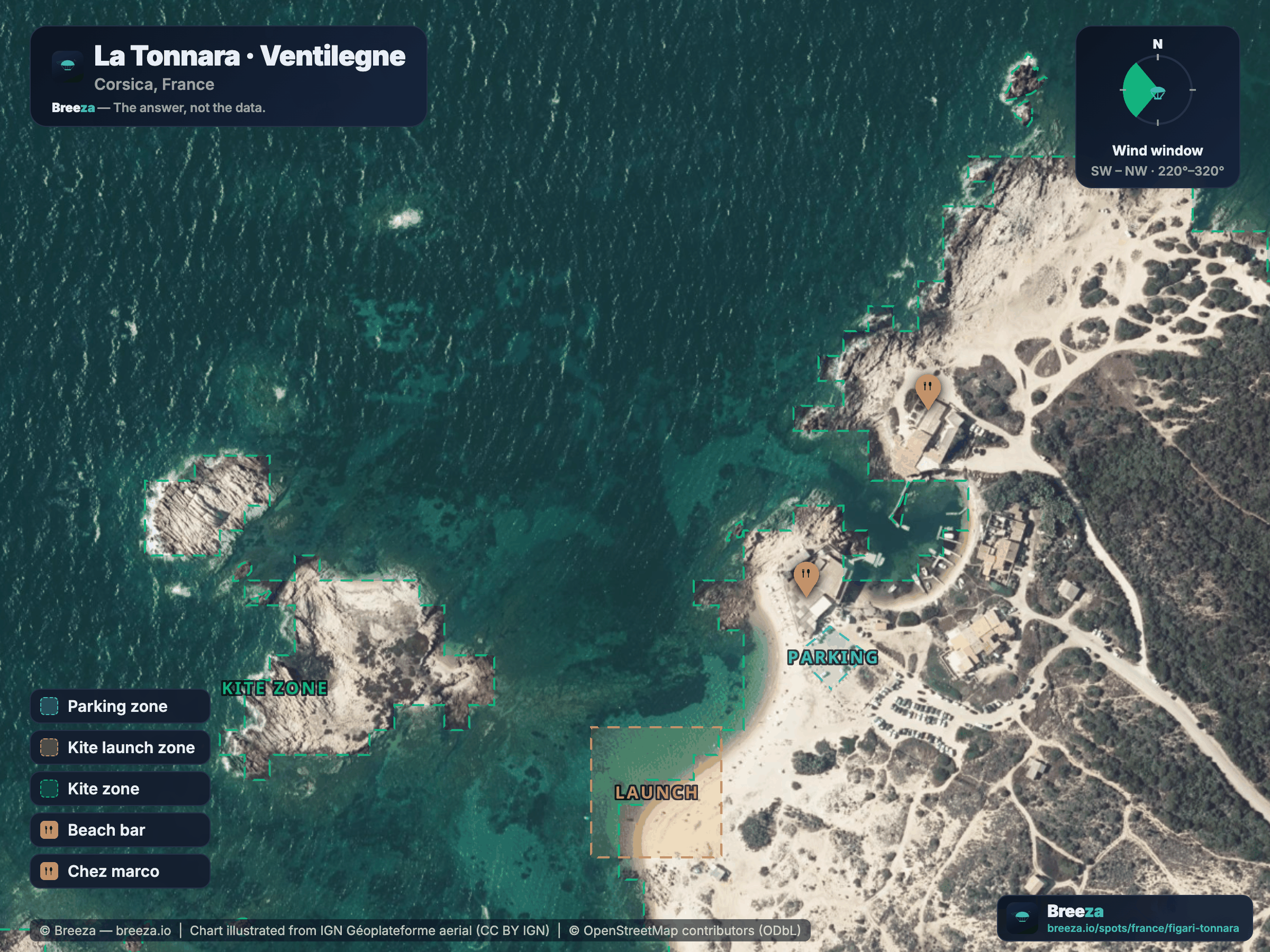 Kitesurf spot chart of La Tonnara · Ventilegne — zones, wind window and facilities