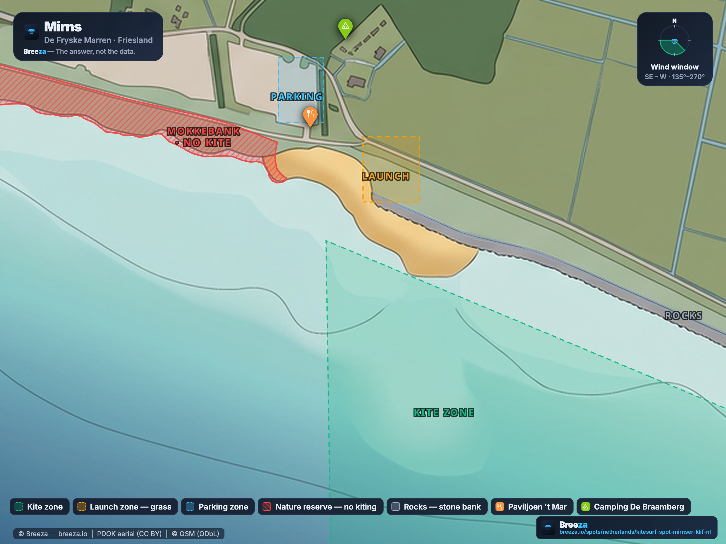 Kitesurf spot chart of Kitesurf Spot Mirnser Klif — zones, wind window and facilities