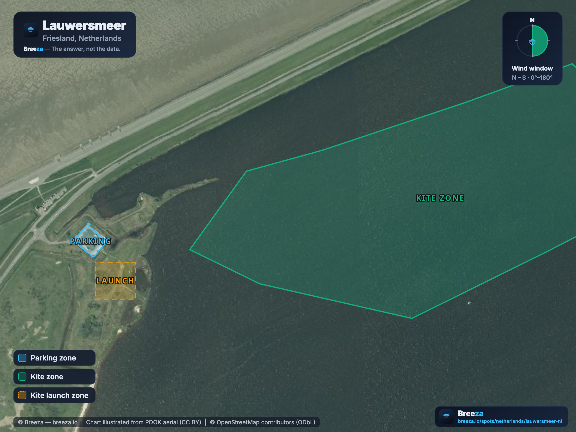Kitesurf spot chart of Lauwersmeer — zones, wind window and facilities