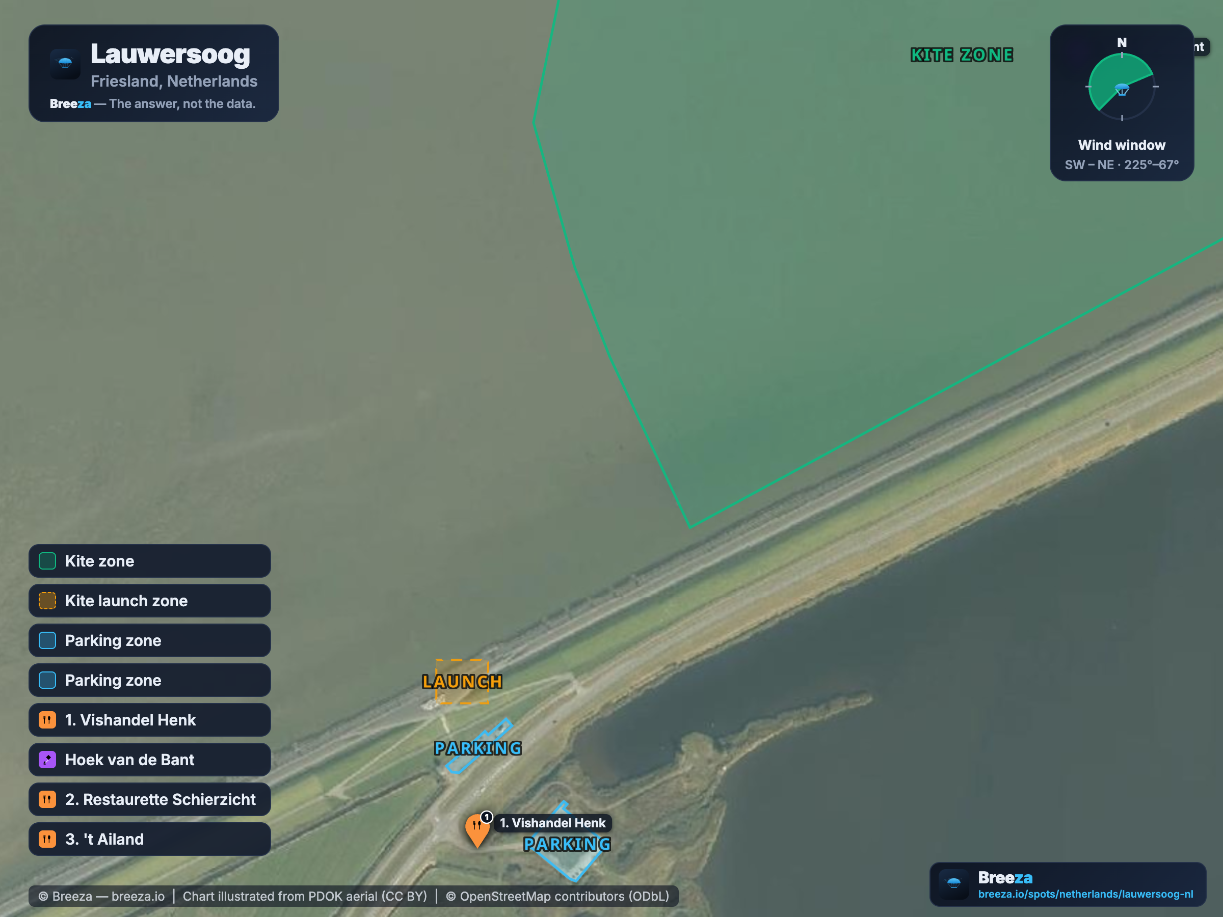 Kitesurf spot chart of Lauwersoog — zones, wind window and facilities