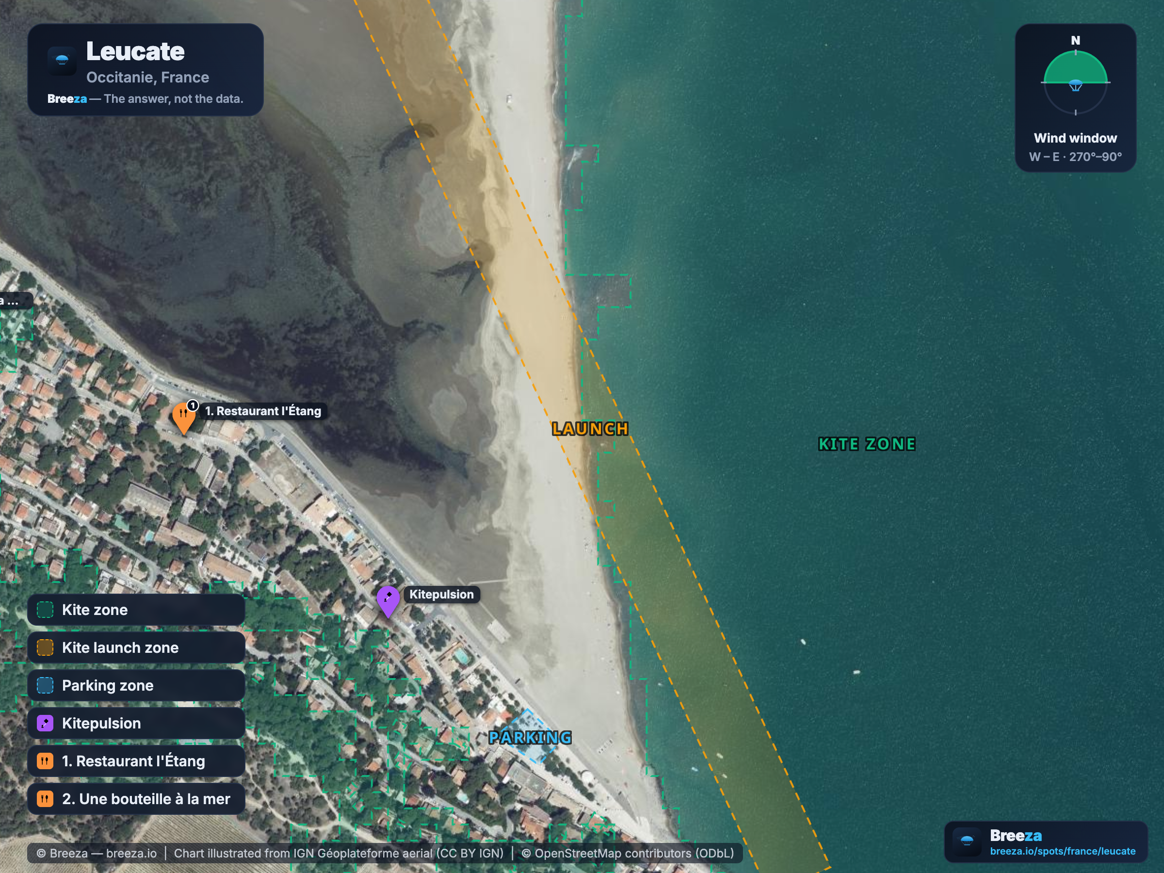 Kitesurf spot chart of Leucate — zones, wind window and facilities