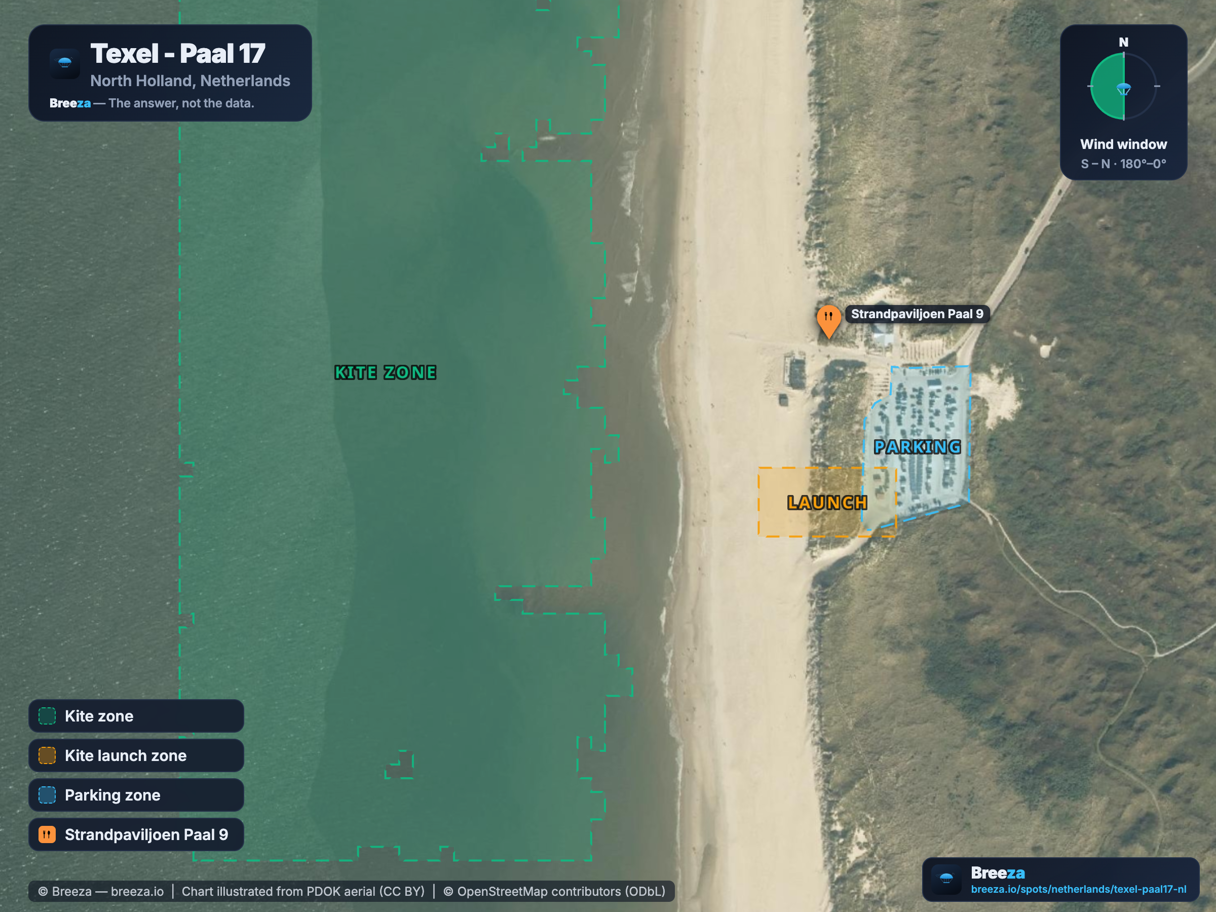 Kitesurf spot chart of Texel - Paal 17 — zones, wind window and facilities